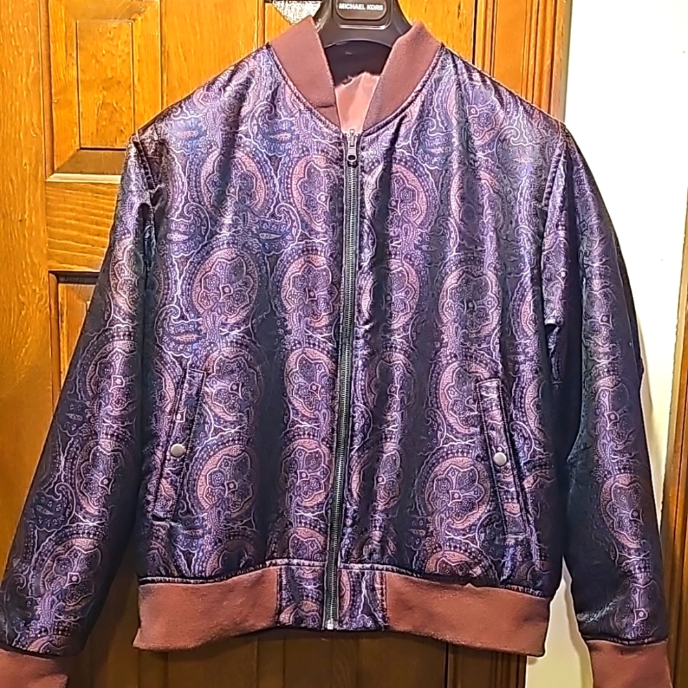 Reversible burgundy and Paisley bomber jacket
